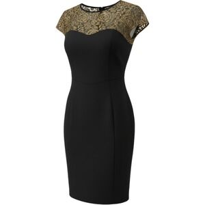 Maggy London Sheath Dress Womens 6 Black Gold Metallic Lace Cocktail Excellent
